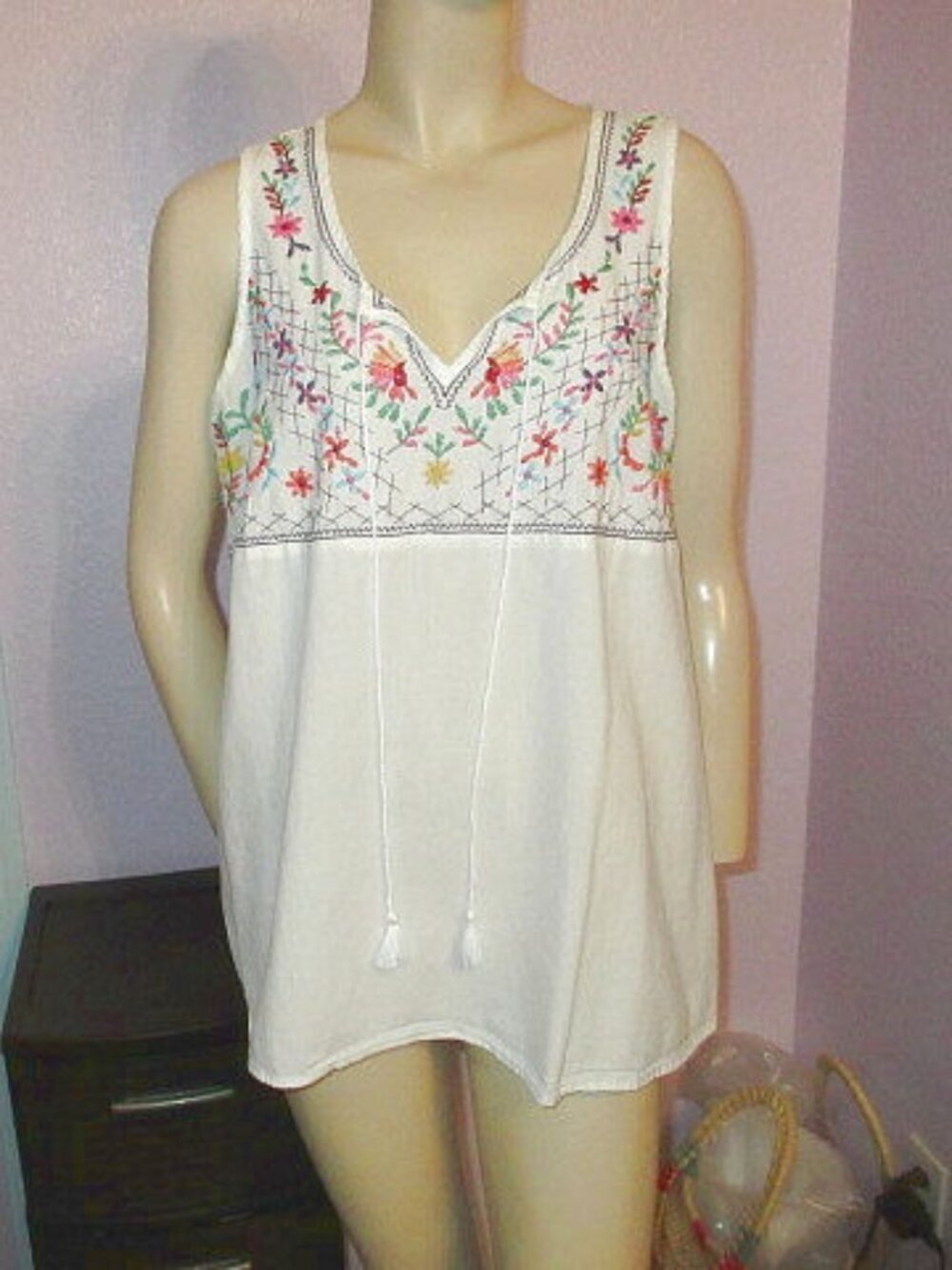 Beach Lunch Lounge Embroidered Blouse Top Size L Sleeveless Cotton Peasant Boho